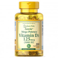 Витамин Д3, Vitamin D3, Puritan's Pride, 5000 МЕ, 200 капсул