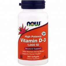 Витамин Д3, Vitamin D-3, Now Foods, высокоэффективный, 25 мкг (1000 МЕ), 360 гелевых капсул