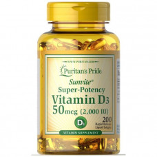 Витамин Д3, Vitamin D3, Puritan's Pride, 2000 МЕ, 200 капсул