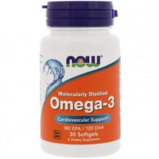 Омега-3 рыбий жир, Omega-3, Now Foods, молекулярно дистиллированный, 30 капсул